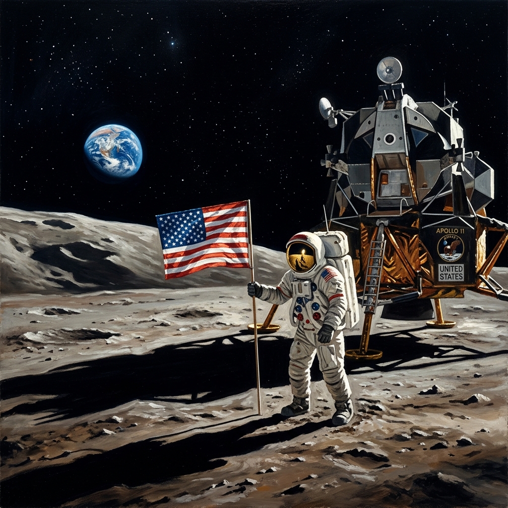The Eagle Has Landed — In the tradition of Chesley Bonestell space art. The Apollo 11 mission placed the first human beings on the lunar surface, an achievement that compressed two centuries of technological progress into a single decade.