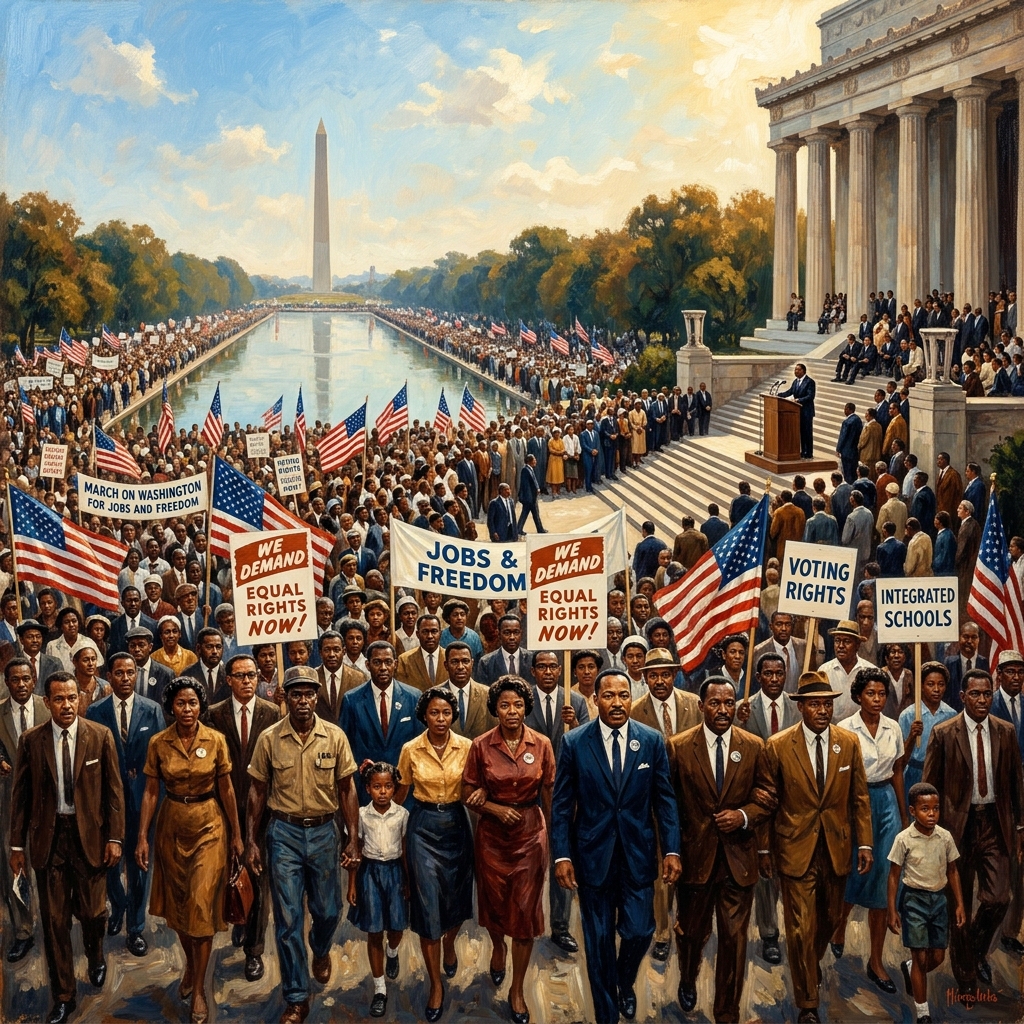 The March on Washington — In the tradition of American social realism, 1963. A quarter million Americans gathered before the Lincoln Memorial on August 28, 1963, to demand the full realization of the constitutional promise of equality — the largest political demonstration in American history to that point.