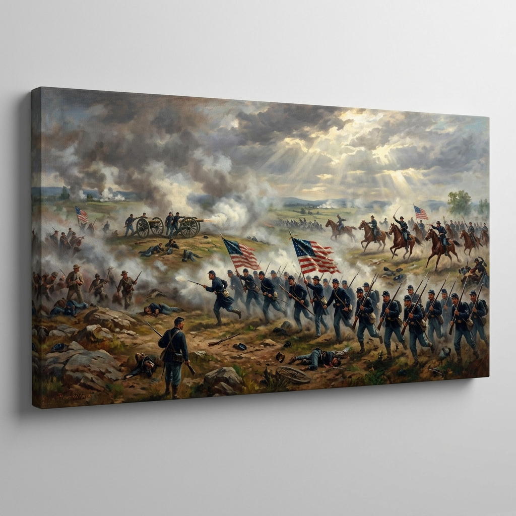 The Battle of Gettysburg — In the tradition of Thure de Thulstrup, 1887. The bloodiest engagement of the Civil War, fought over three days in July 1863, resulted in over 50,000 casualties and marked the turning point of the conflict.