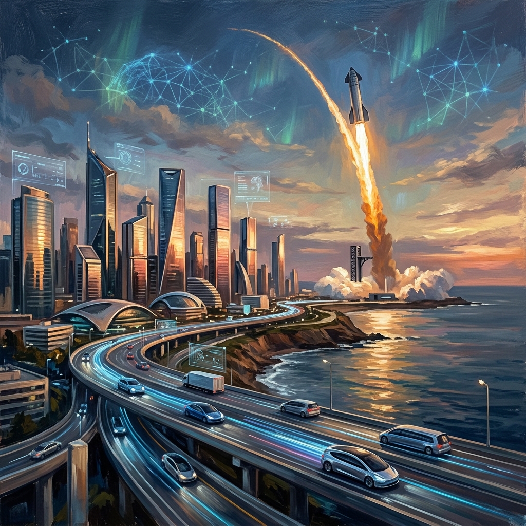 The Cognitive Frontier — Contemporary visualization of American technological convergence, 2026. The simultaneous maturation of artificial intelligence, commercial spaceflight, and synthetic biology positions the United States at the threshold of its most consequential century.