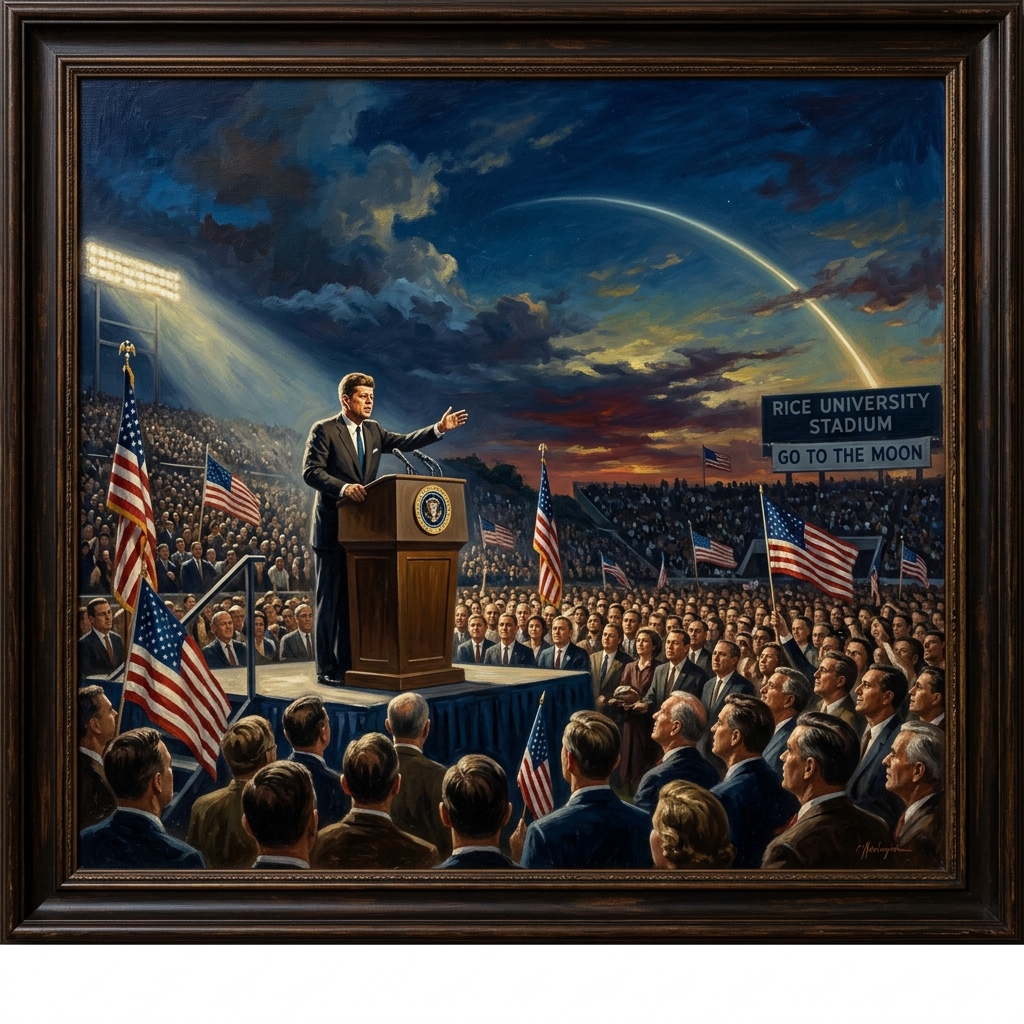 Kennedy and the Space Age — In the manner of American heroic realism, 1962. President Kennedy's Rice University address launched the most audacious engineering program in human history, ultimately demonstrating American technological supremacy to the world.