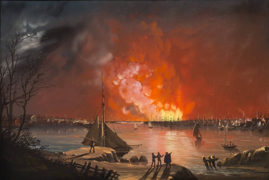 The Great Fire of New York — Nicolino Calyo, 1835. Gouache on paper. Museum of the City of New York. This dramatic nocturnal scene depicts the catastrophic fire that consumed much of lower Manhattan on December 16, 1835, destroying 674 buildings across 17 city blocks. The conflagration viewed from across the East River illuminates the night sky in a haunting display of the city's vulnerability and its subsequent capacity for renewal.