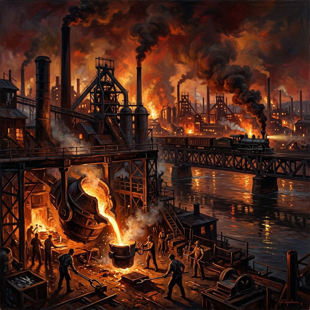 The American Forge — In the tradition of John Ferguson Weir, 1877. The great iron and steel foundries of the Gilded Age transformed the United States from an agrarian republic into the largest industrial power on Earth within a single generation.