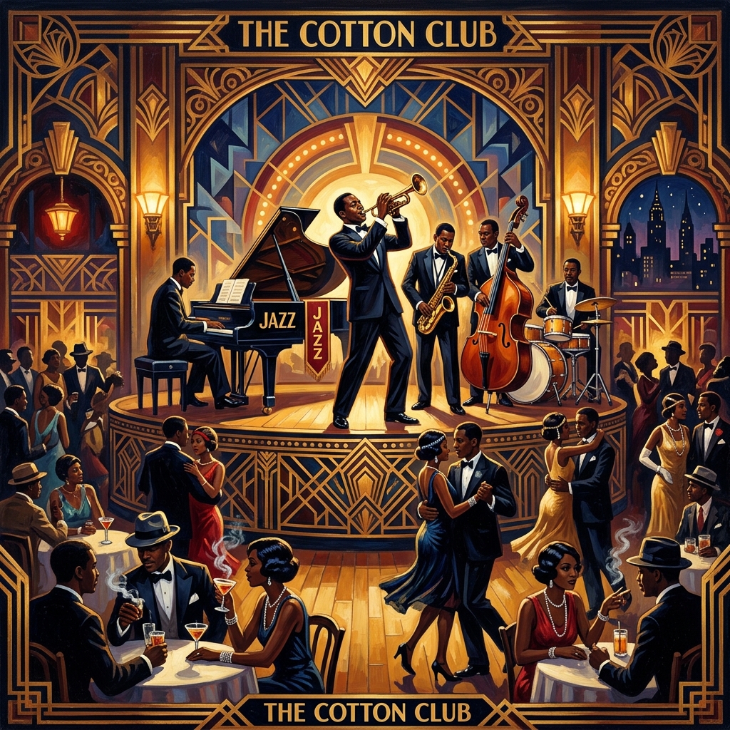 The Harlem Renaissance — In the manner of Aaron Douglas, 1925. The Jazz Age unleashed an explosion of African American artistic genius in Harlem's ballrooms and studios that fundamentally transformed American culture and spread its influence across the globe.