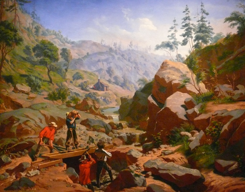 Miners in the Sierras — Charles Christian Nahl, 1851–52. Oil on canvas. Smithsonian American Art Museum. This vivid depiction of California Gold Rush prospectors working a placer mining claim in the Sierra Nevada foothills captures the raw ambition and physical labor that defined American westward expansion.