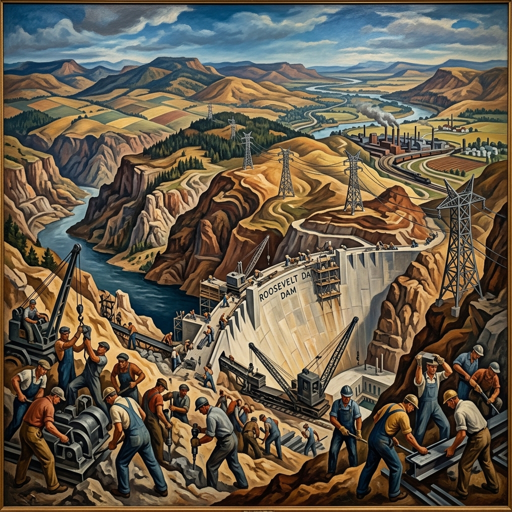 The New Deal — In the manner of Thomas Hart Benton and Grant Wood, 1935. WPA muralists captured the monumental ambition of the New Deal in scenes of American workers building dams, highways, and power infrastructure that would define the landscape for generations.