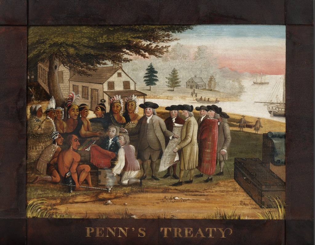 Penn's Treaty with the Indians — Edward Hicks, c. 1840. Oil on canvas. One of over sixty versions Hicks painted of this scene, depicting William Penn's legendary 1683 treaty with the Lenape people along the Delaware River. The painting embodies the early American ideal of peaceable negotiation between civilizations.