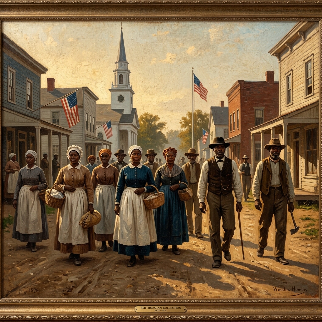 A New Day — In the manner of Winslow Homer, 1876. The Reconstruction era offered freedmen and women the first genuine exercise of political and civic rights in American history, a promise whose full realization would require another century of struggle.
