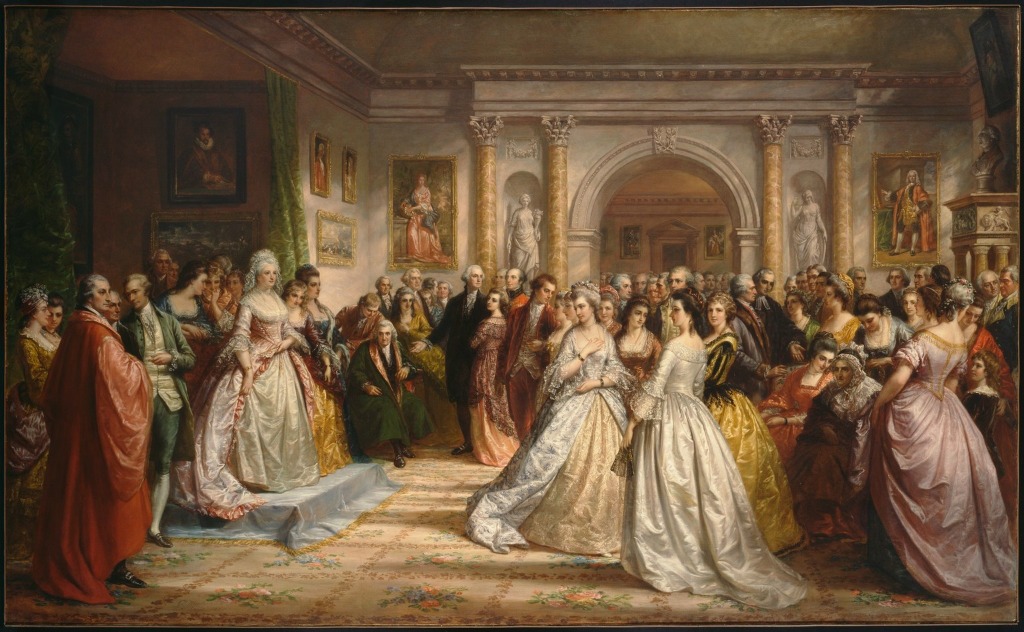 Lady Washington's Reception (The Republican Court) — Daniel Huntington, 1861. Oil on canvas. Brooklyn Museum. This grand composition depicts one of Martha Washington's formal Friday evening receptions in New York City during the first presidency, attended by the leading figures of the new republic including Alexander Hamilton, Thomas Jefferson, and John Adams.