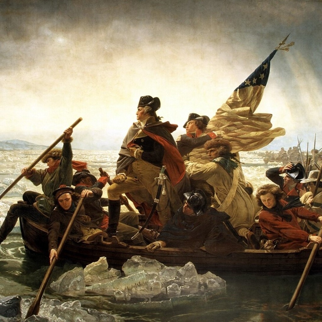 Washington Crossing the Delaware — Emanuel Leutze, 1851. Oil on canvas. Metropolitan Museum of Art, New York. One of the most iconic images in American art, depicting General Washington's daring Christmas night crossing of the ice choked Delaware River in 1776.