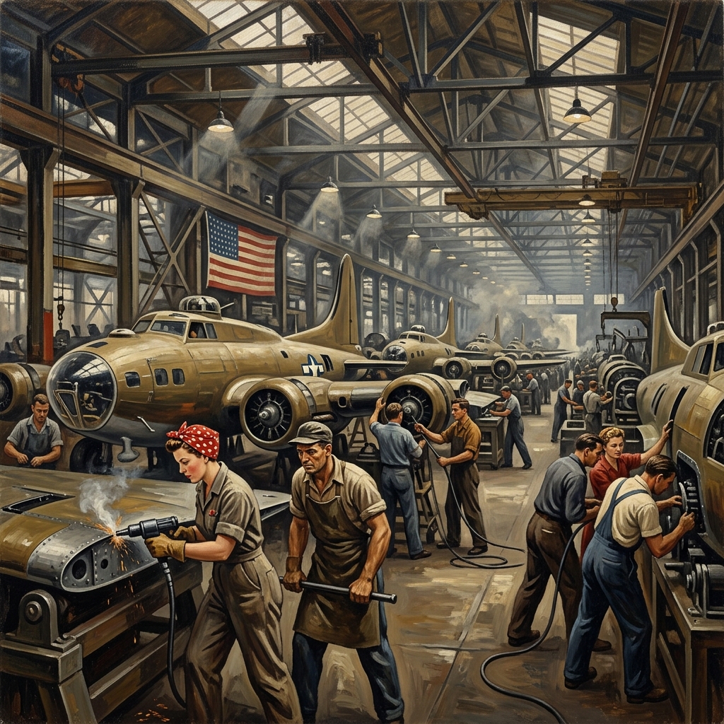 The Arsenal of Democracy — In the manner of WPA industrial realism, 1942. American women and men working side by side on wartime aircraft production lines represent one of the most extraordinary industrial mobilizations in human history.
