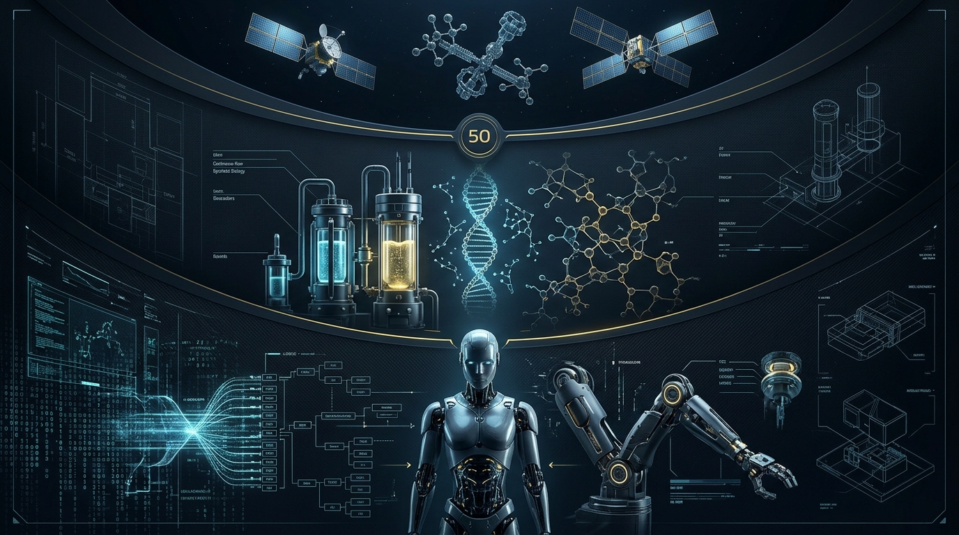 Figure 2: Tri-Horizon Architectural Schematic — Chambered Breakdown of Horizon I (Agentic & VLA Actuation), Horizon II (Continuous-Flow Biomanufacturing & Enzymatic DNA Storage), and Horizon III (Orbital SBSP & Atomically Precise Manufacturing)